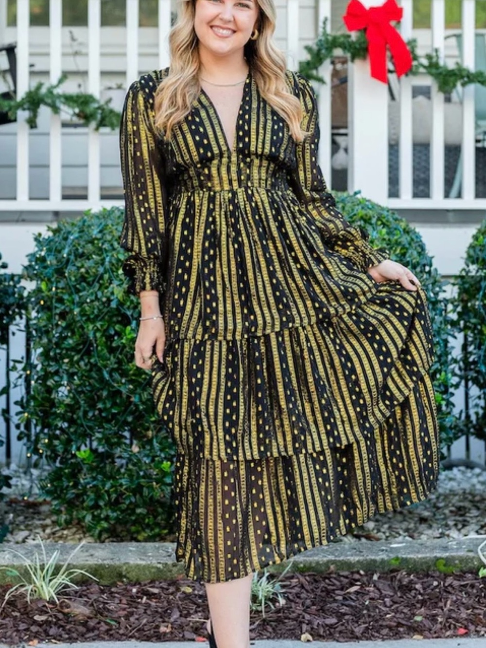 Victoria Dunn Black and Gold Striped Tiered Midi Holiday Dress